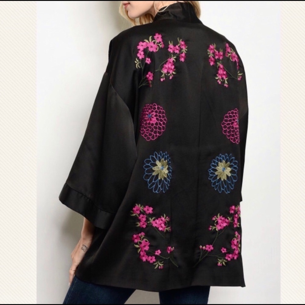 Cosima embroidered satin kimono jacket cover up